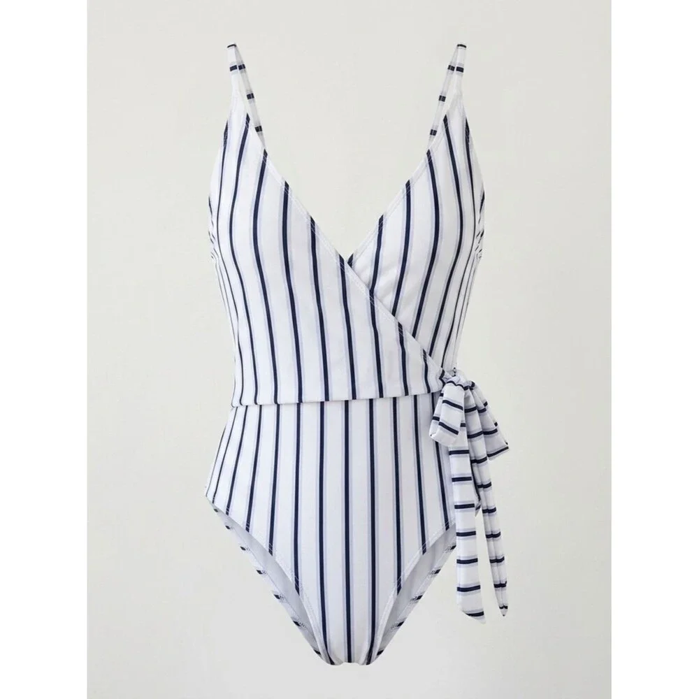 Cupshe White and Navy Vertical Stripe One-Piece with Side Tie Lg